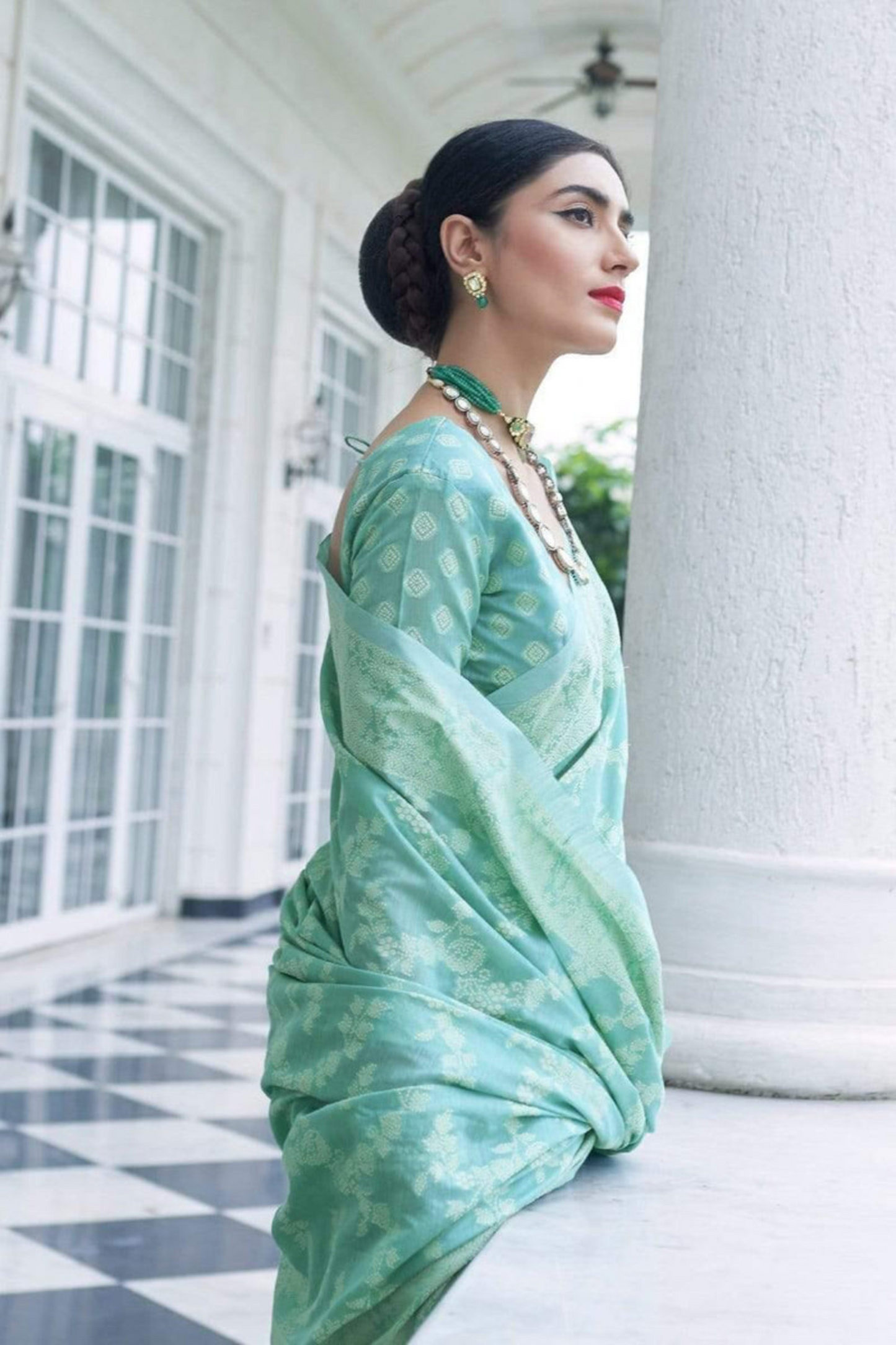 Mint Green Designer Lucknowi Cotton Saree with Chikankari Work