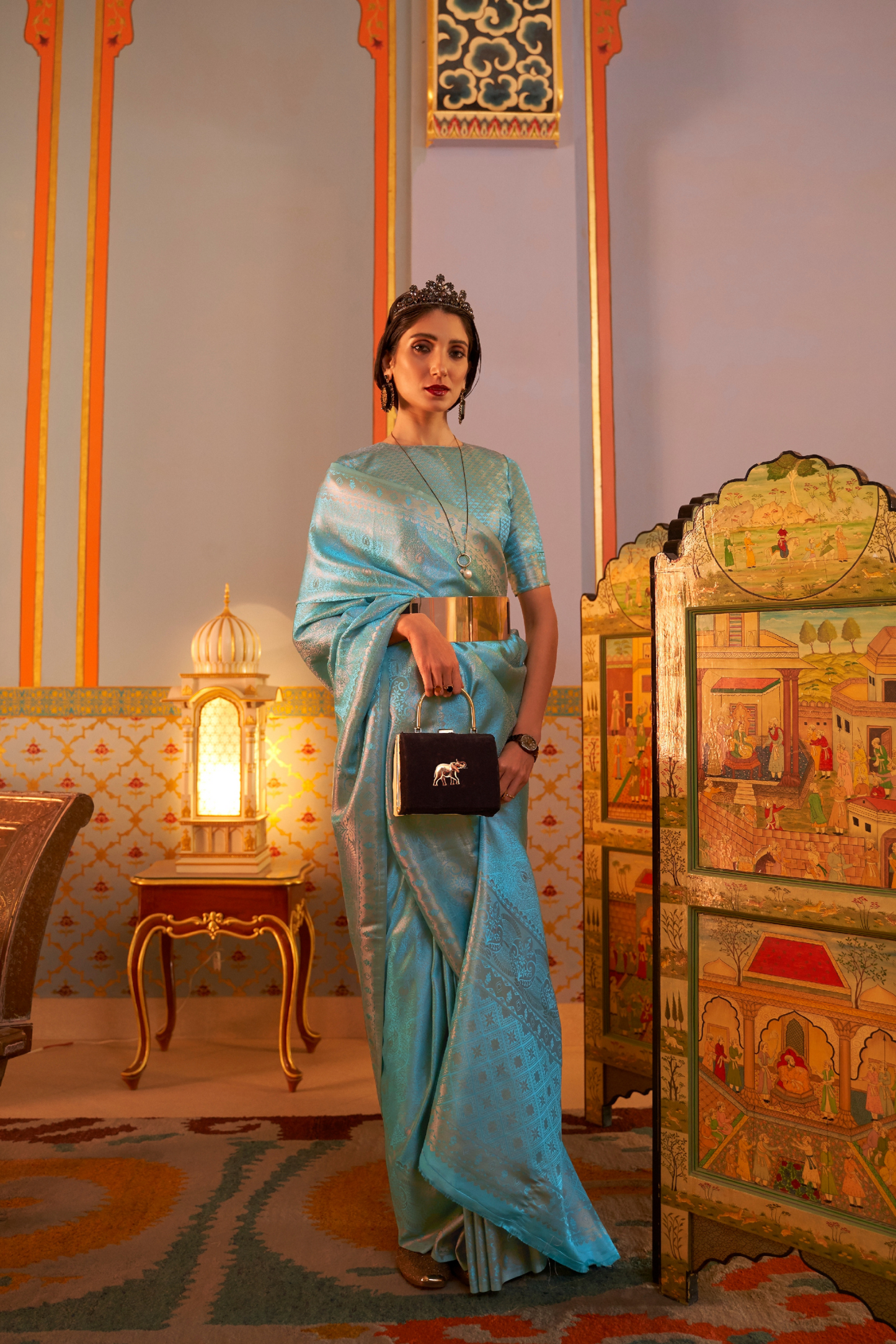 Trendy Teal Blue Kanjivaram Silk Saree with Satin Weaving Work