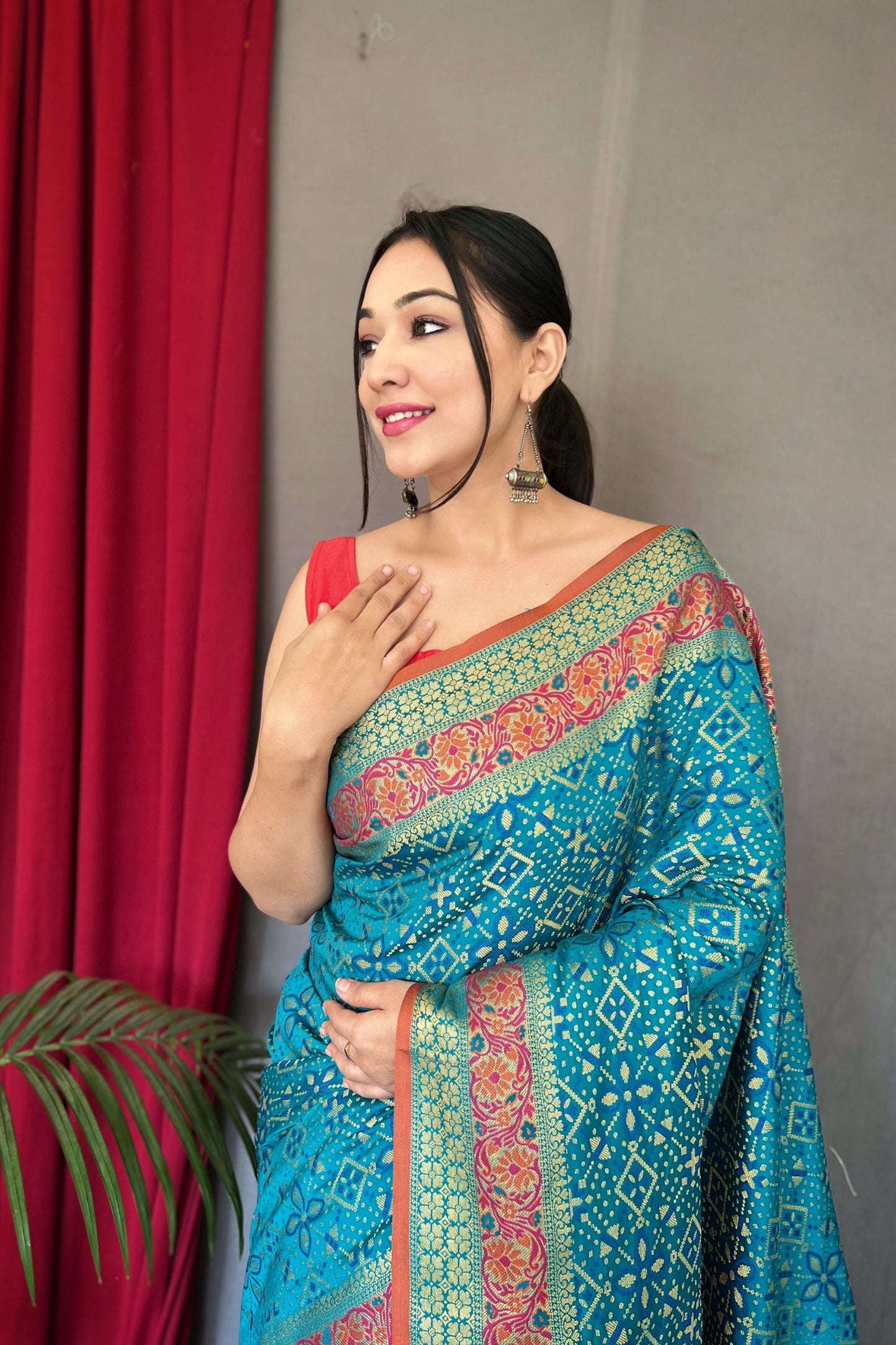 Ocean Blue Patola Silk Saree with Flower Patola Fusion