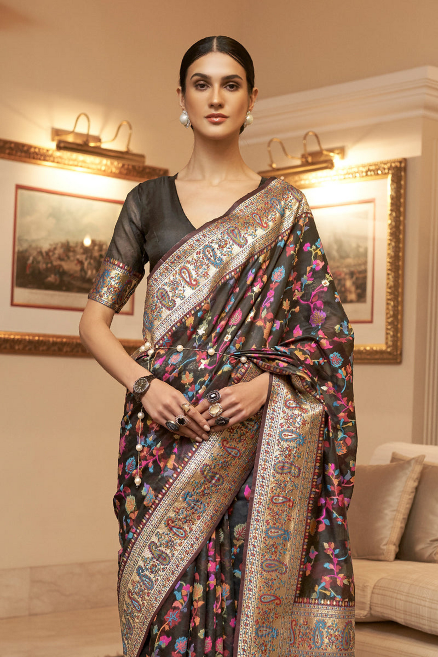 Brown Cotton Silk Pashmina Sarees with Kashmiri Modal Weaving