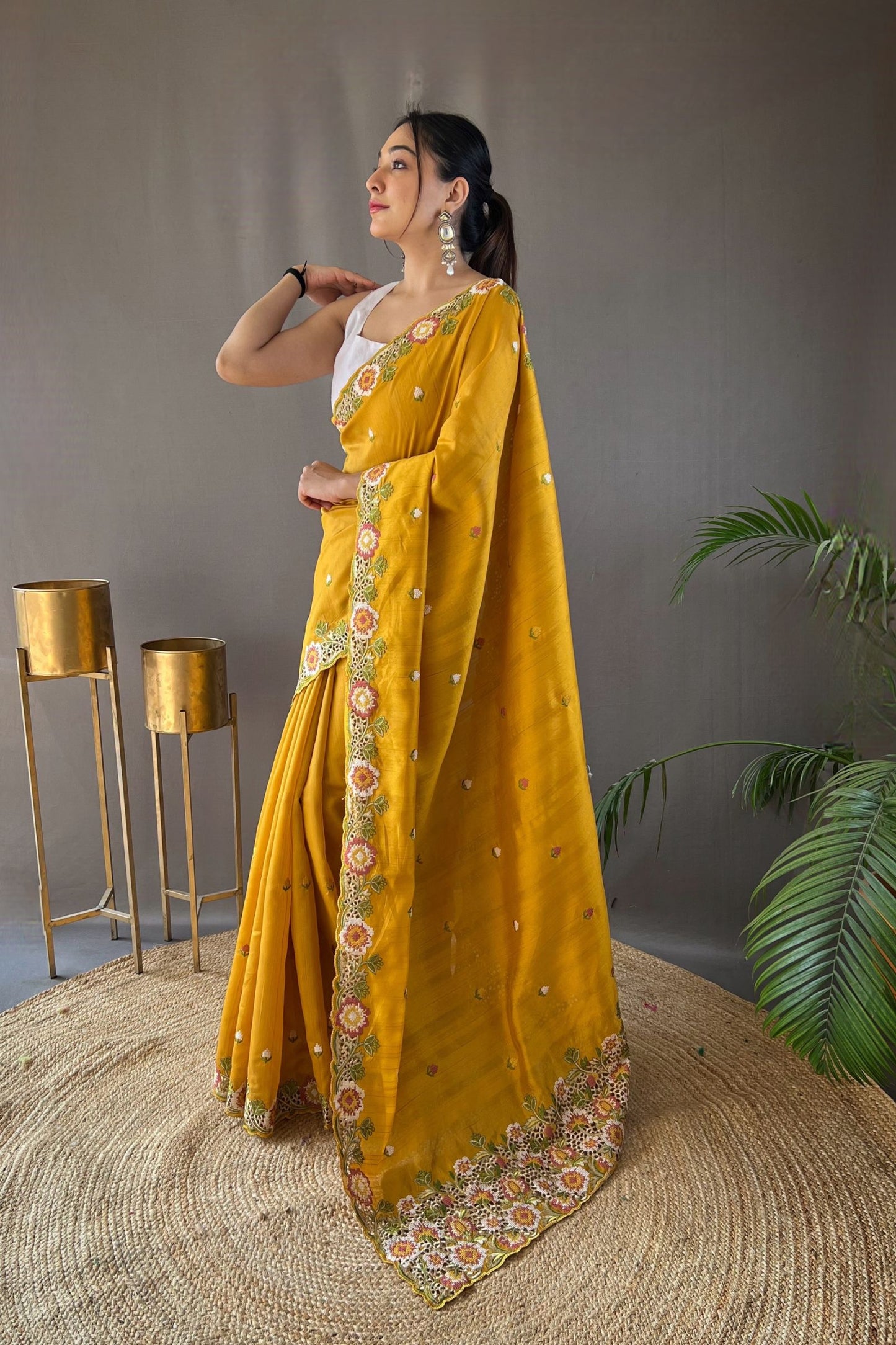 Mustard Yellow Embroidered Pure Tussar Silk Saree