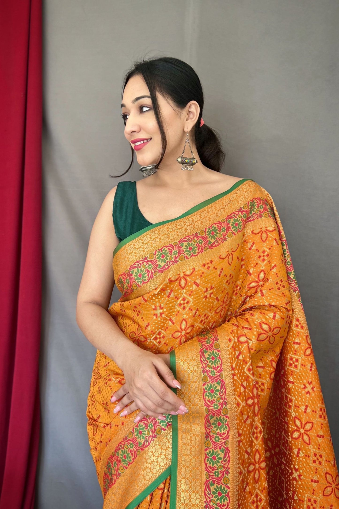 Yellow Patola Silk Saree with Flower Patola Fusion