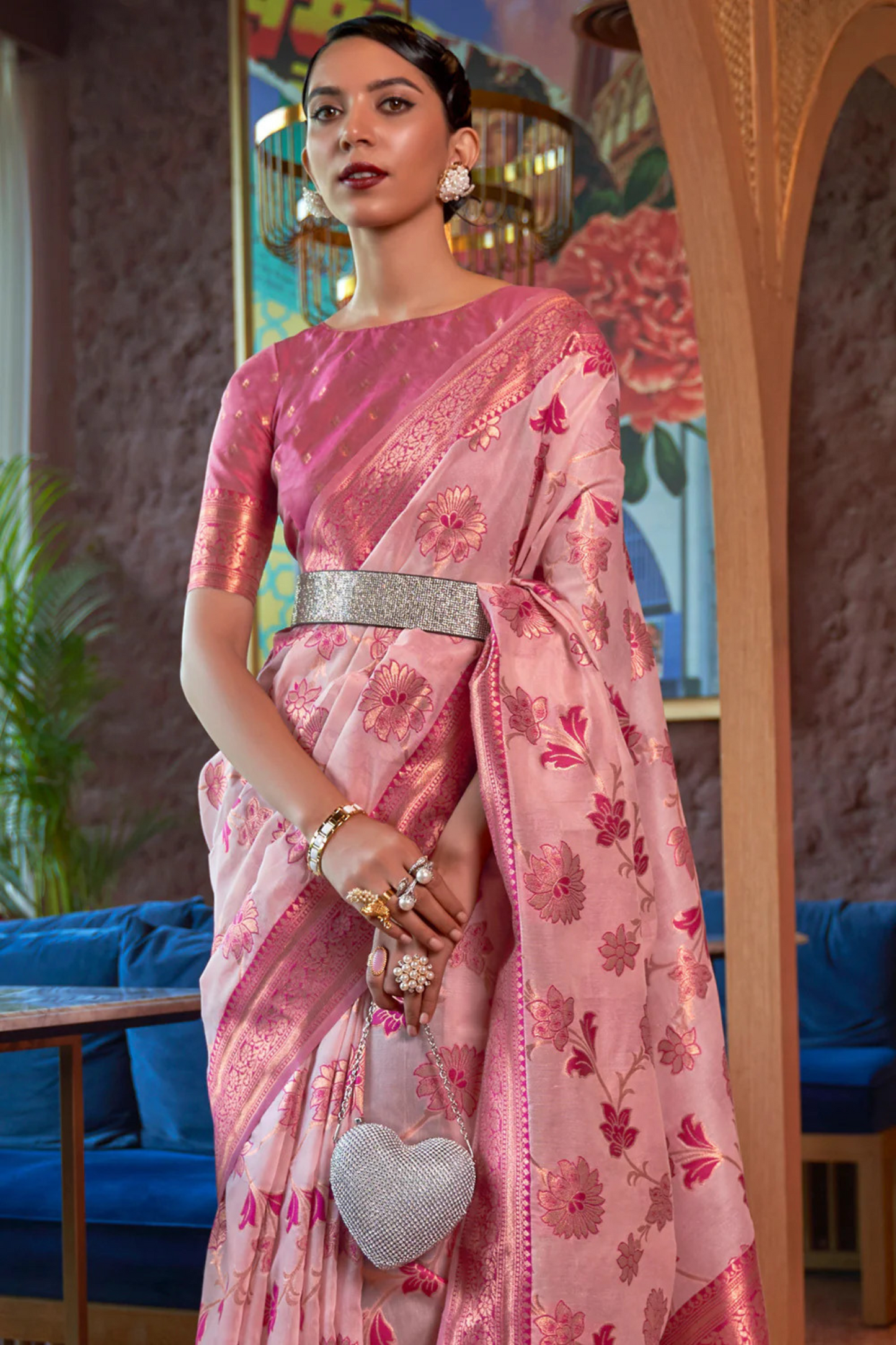 Pastel Pink Organza Shimmer Silk Saree with Copper Zari Weaving