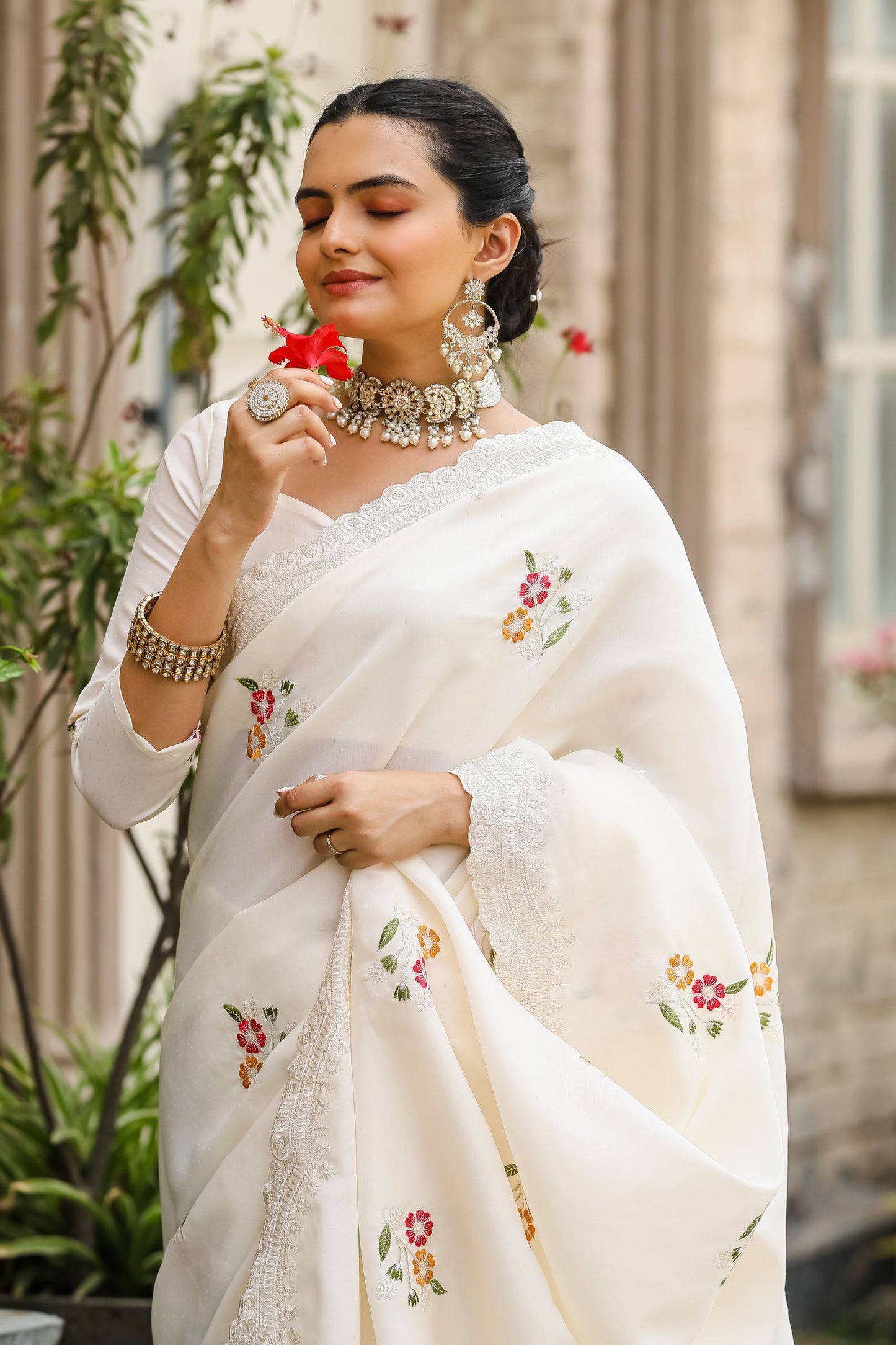 White Floral Embroidered Tussar Cotton Saree
