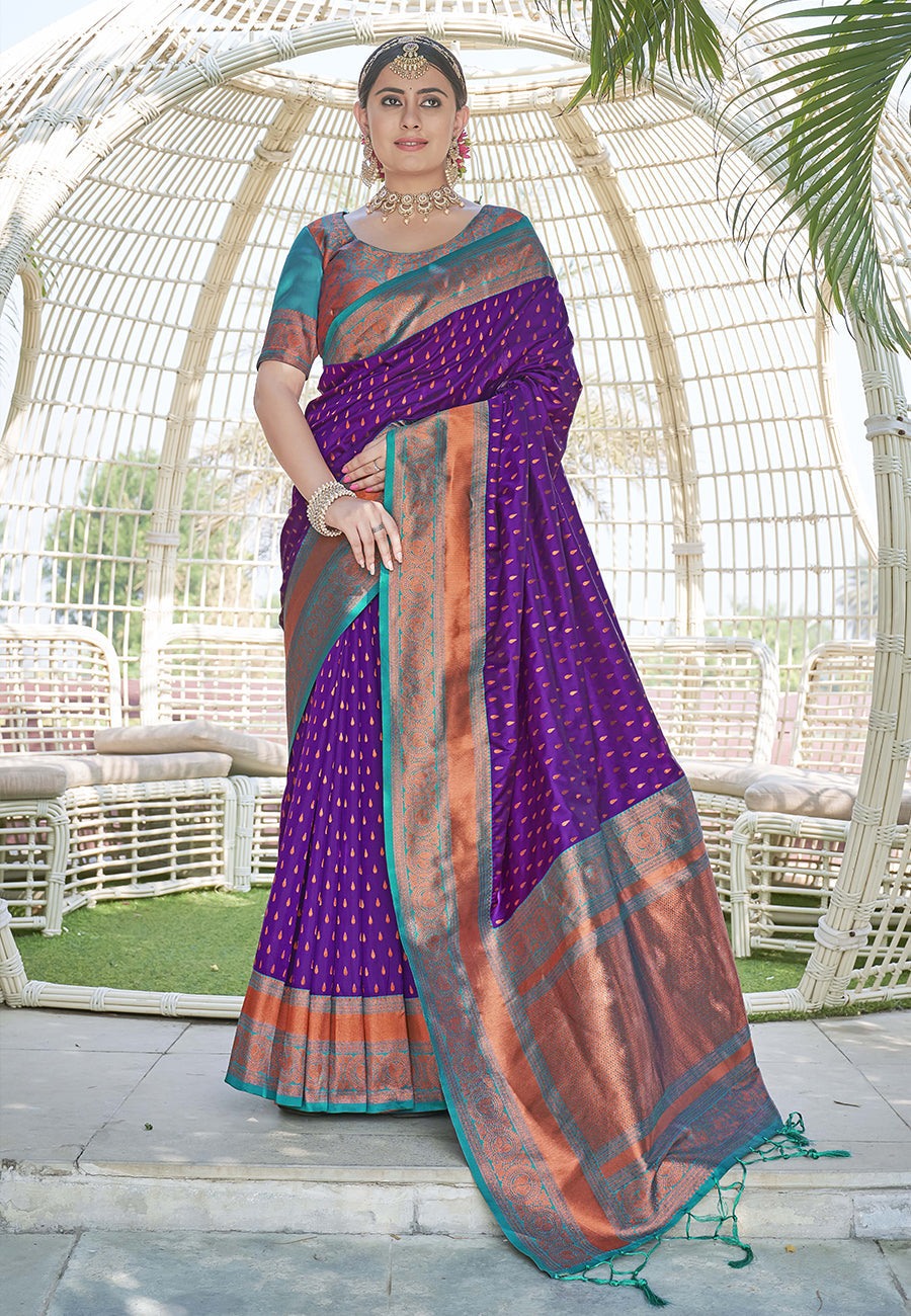 Warm Purple Contrast 1000 Butti Zari Woven Paithani Silk Saree