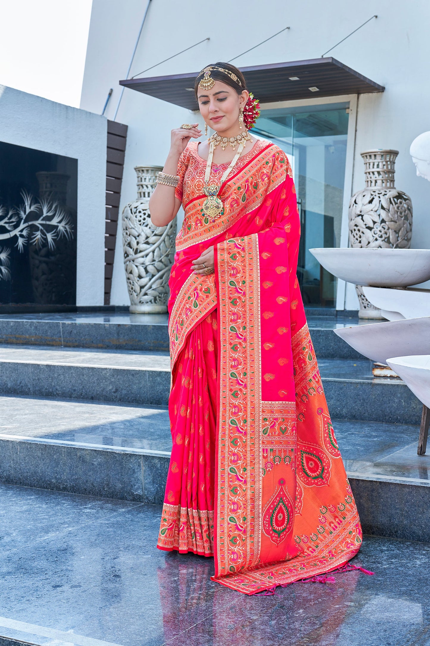 Deep Pink Original Maharashtrian Meenakari Paithani Silk Zari Woven Saree