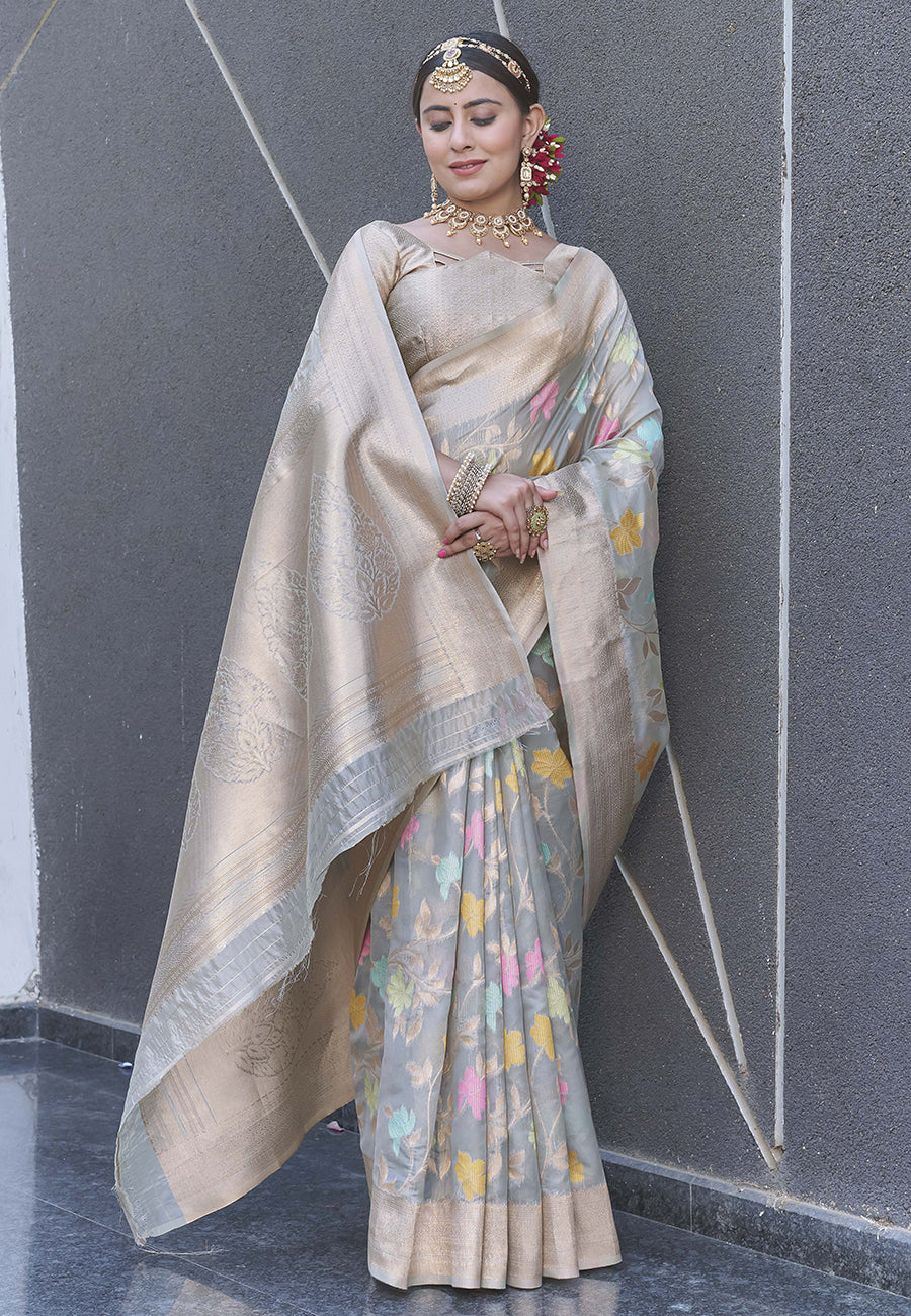 Grey Organza Jaal Zari Woven Saree