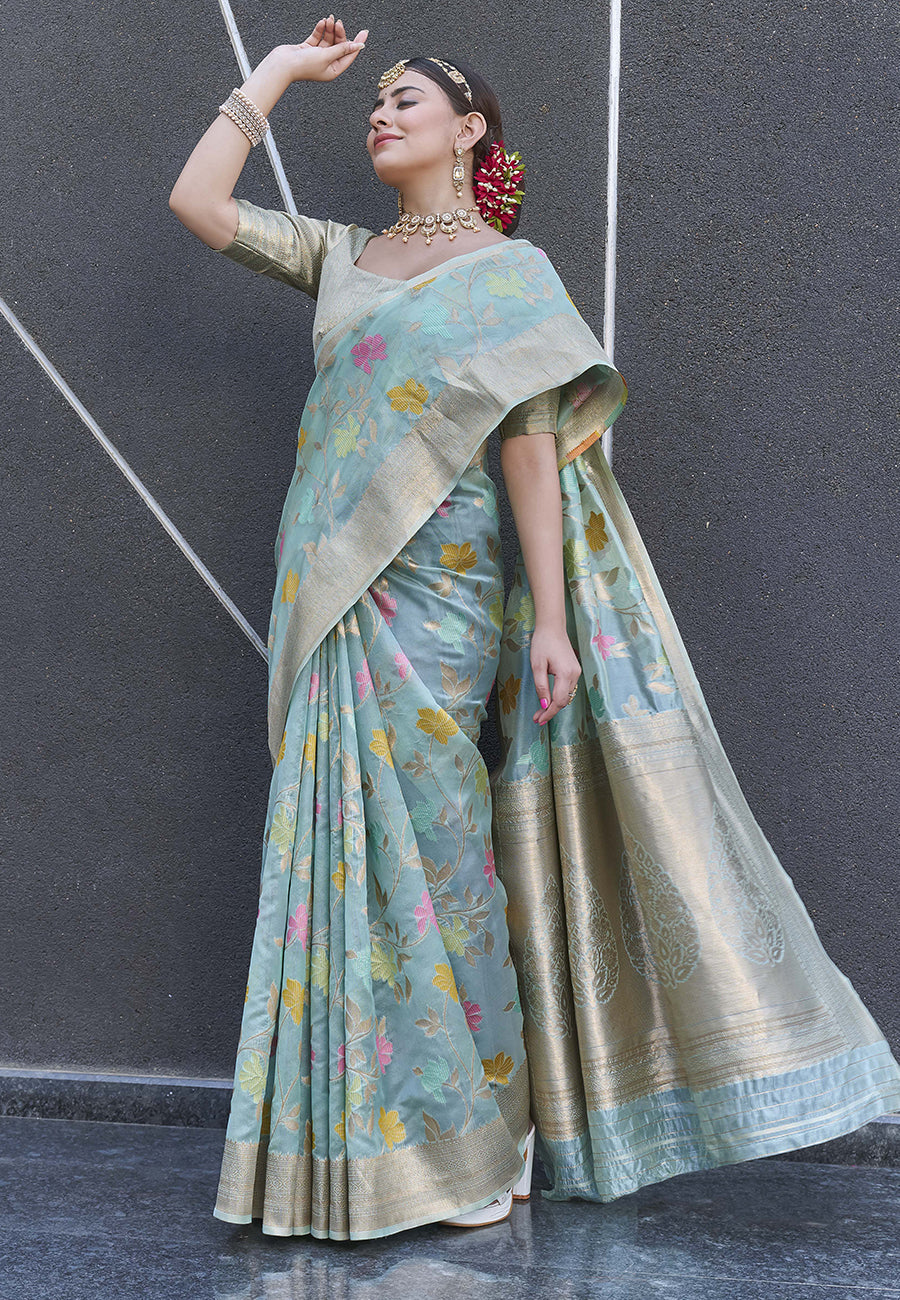Sky Blue Organza Jaal Zari Woven Saree