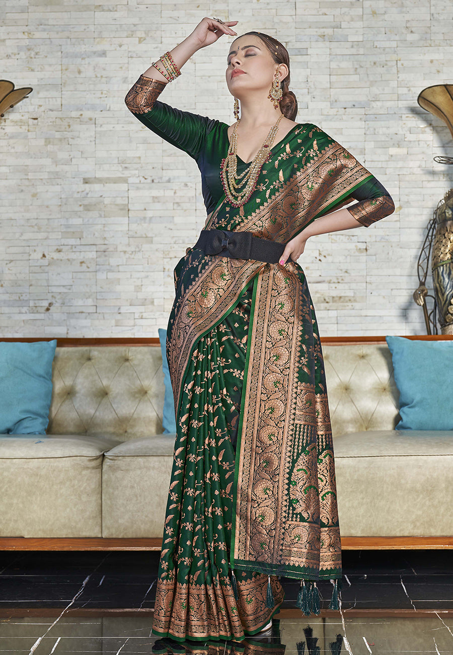 Dark Green Banarasi Jaal Katan Silk Zari Woven Saree
