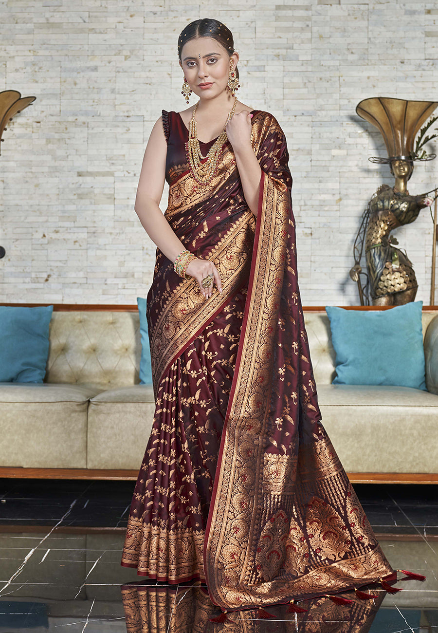Dark Maroon Banarasi Jaal Katan Silk Zari Woven Saree