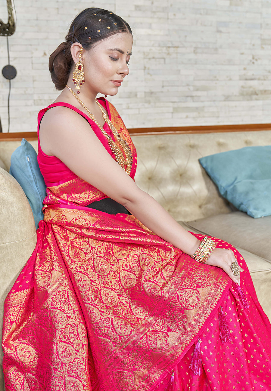 Hot Pink Banarasi Katan Silk Zari Woven Saree