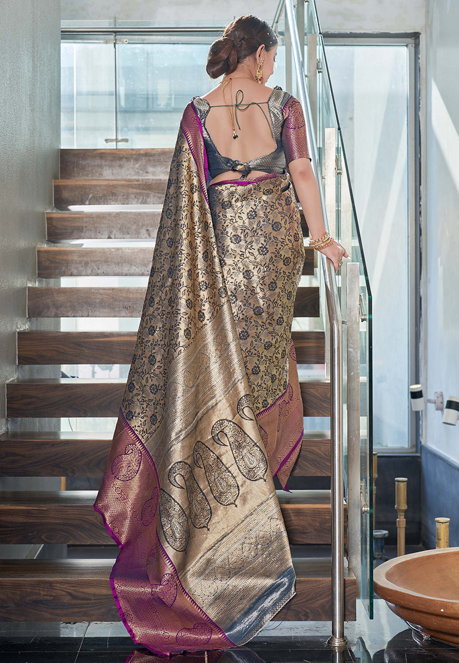 Navy Blue Kanchipuram Silk Jaal Traditional Rich Zari Woven Saree