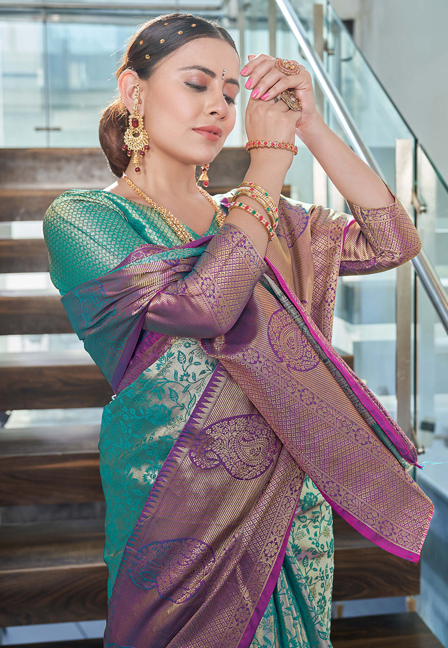 Greenish Blue Kanchipuram Silk Jaal Traditional Rich Zari Woven Saree