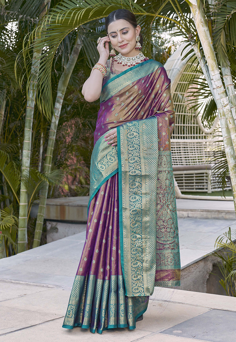 Purple Taupe Kanchipuram Tissue Silk Traditional Zari Woven Saree