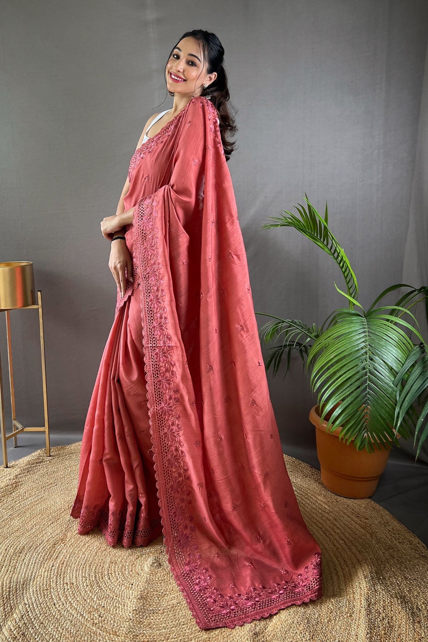 Carrot Red Matka Soft Silk Saree with Floral Cutwork Border