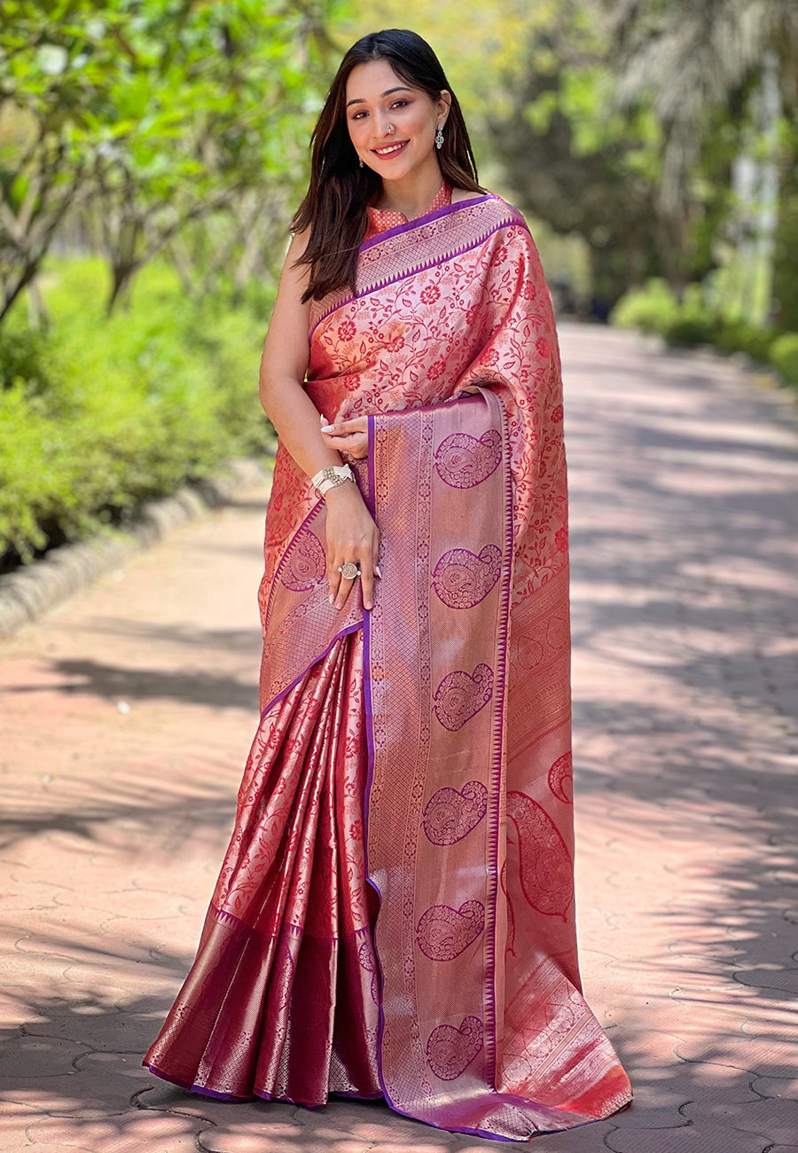 Red Kanchipuram Silk Jaal Traditional Rich Zari Woven Saree