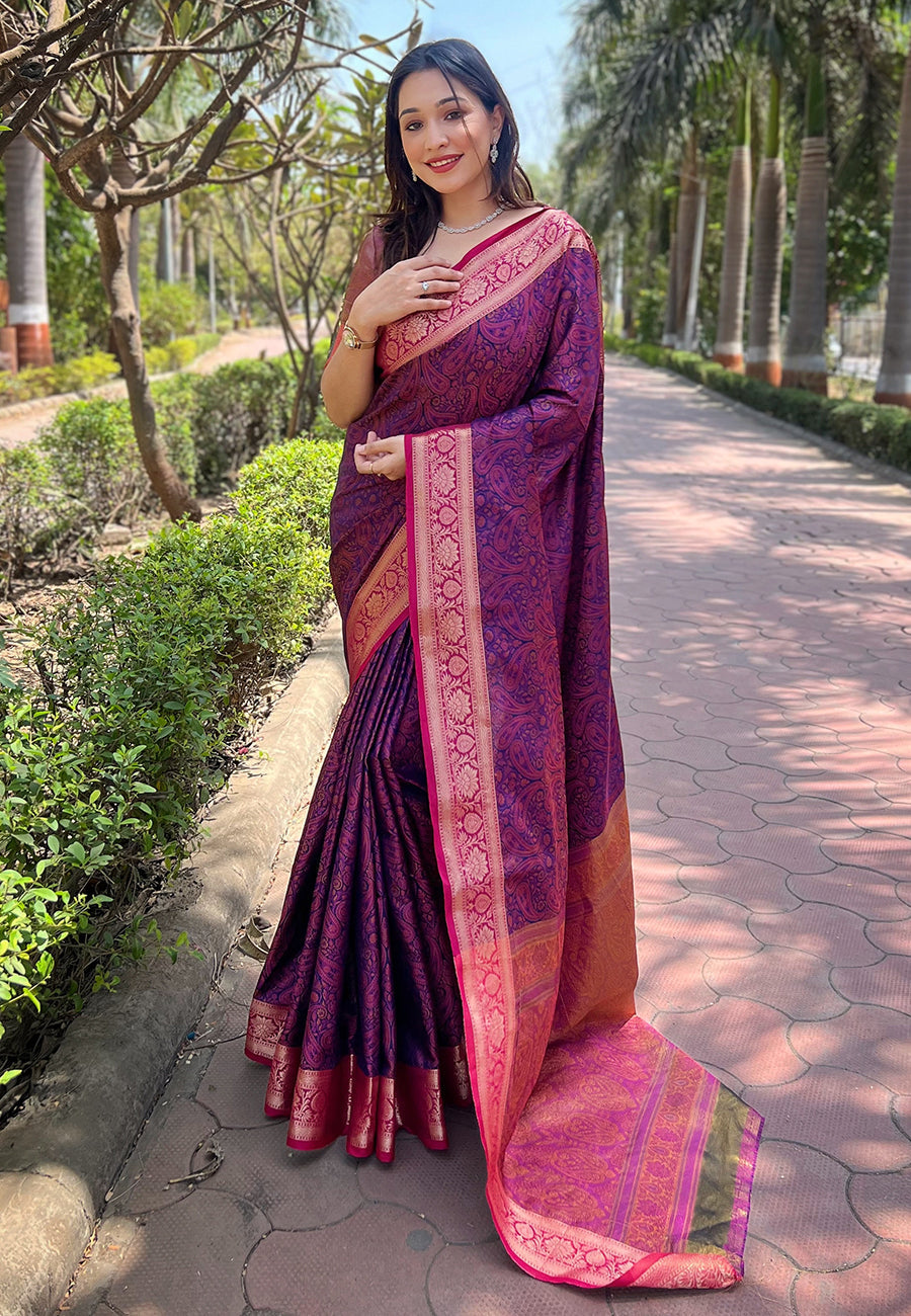 Violet Soft Kashmiri Silk Zari Woven Contrast Saree