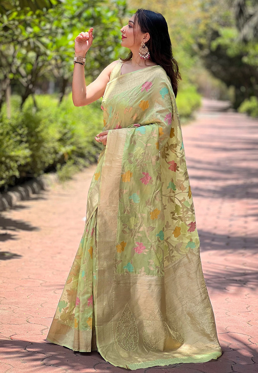 Mint Green Organza Meenakari Floral Jaal Zari Woven Saree