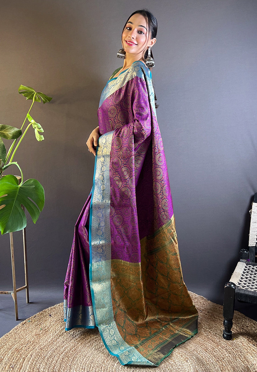 Purple Soft Kashmiri Silk Zari Woven Contrast Saree
