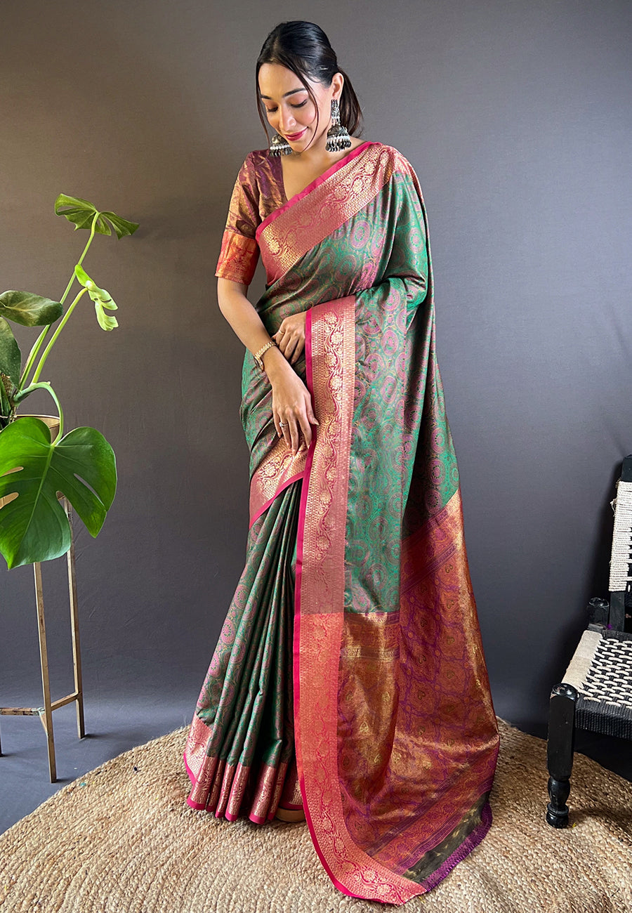 Green Soft Kashmiri Silk Zari Woven Contrast Saree