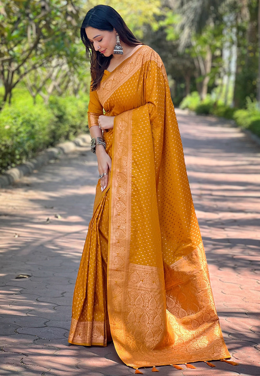 Mustard Banarasi Katan Silk Zari Woven Saree