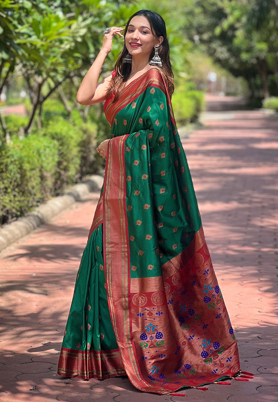 Green Contrast Zari Woven Peacock Yeola Paithani Silk Saree