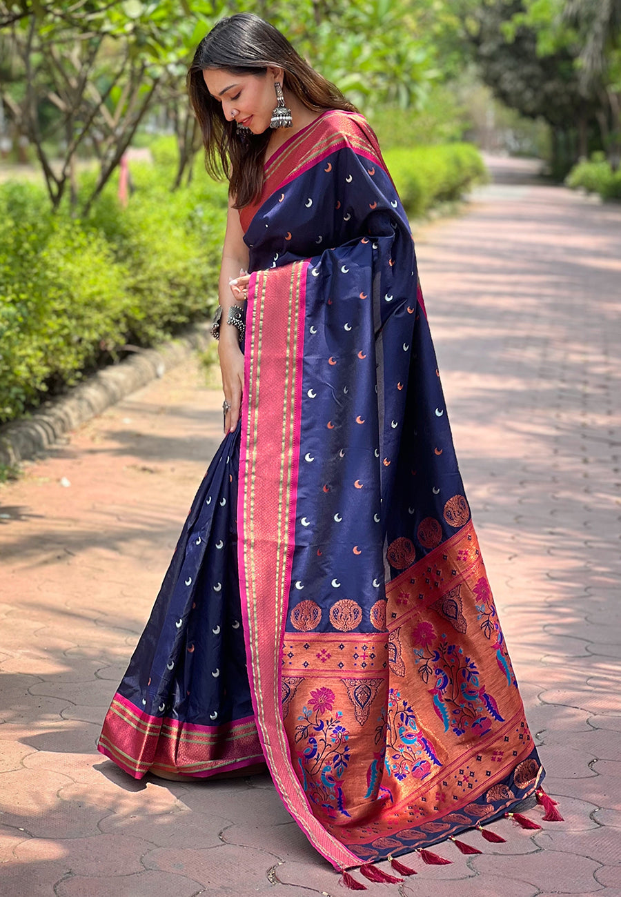 Navy Blue Contrast Zari Woven Chaand Yeola Paithani Silk Saree
