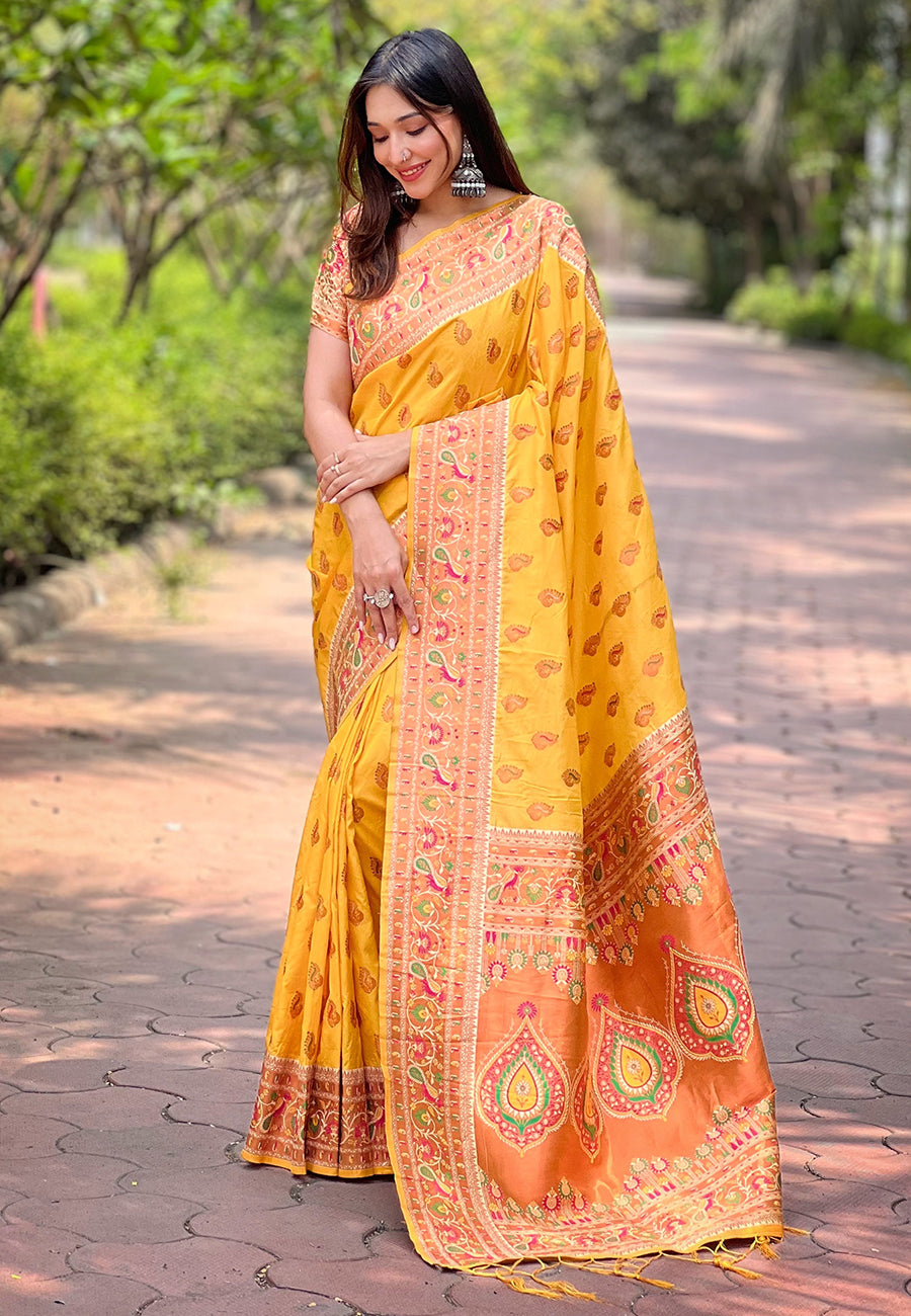 Yellow Original Maharashtrian Meenakari Yeola Paithani Silk Zari Woven Saree