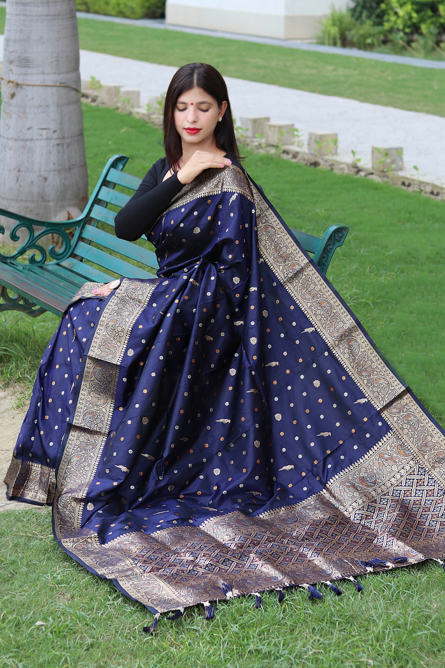 Navy Blue Banarasi Soft Silk Saree with Copper Zari Border