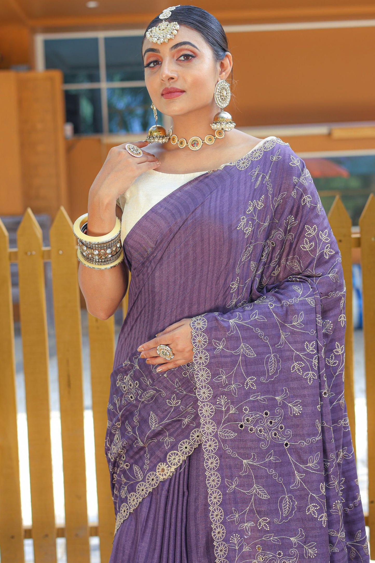Purple Threadwork Soft Silk Saree with Cutwork Border