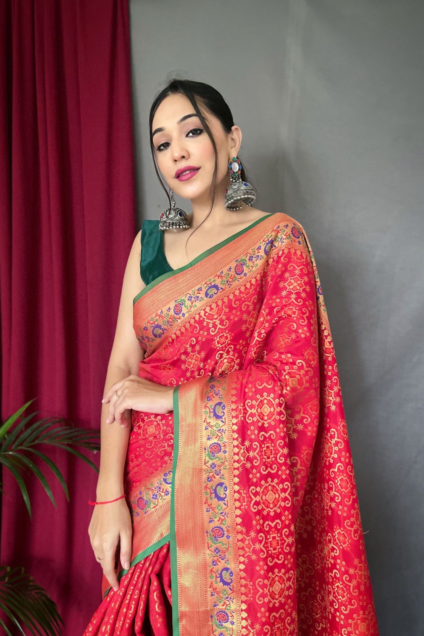 Tomato Red Patola Silk Saree with Paithani Patola Fusion