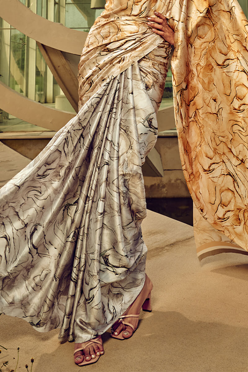 Beige and Grey Printed Satin Silk Saree