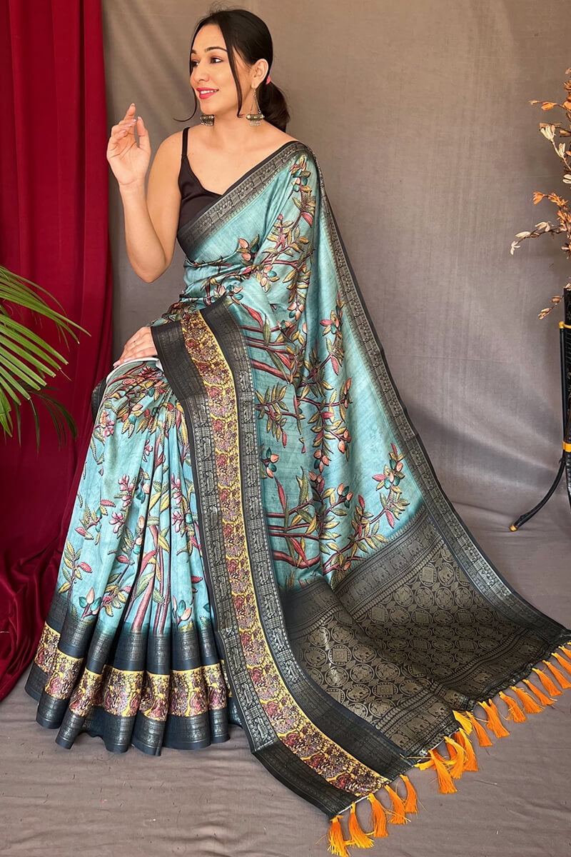 Cadet Blue Zari Woven Printed Soft Silk Saree