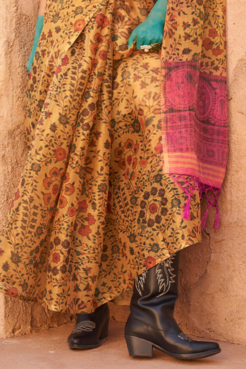 Dandelion Yellow Printed Tissue Silk Saree