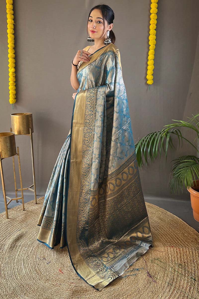 Dark Grey Blue Kanjivaram Silk Saree