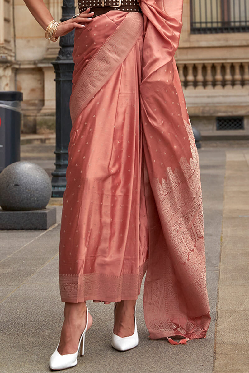 Deep Peach Zari Woven Banarasi Satin Silk Saree