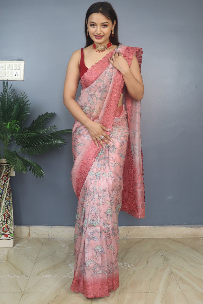 Dusty Pink Kalamkari Printed Organza Silk Saree