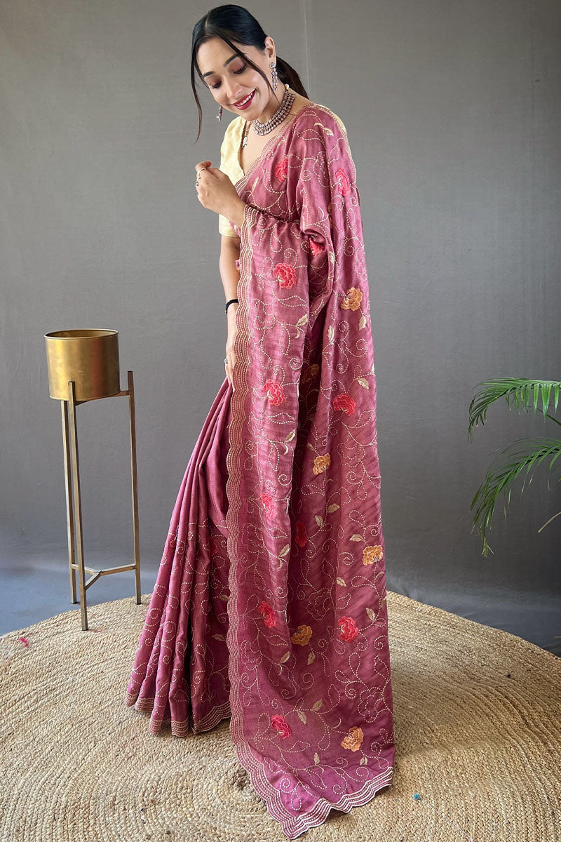 Faded Wine Embroidered Work Tussar Silk Saree