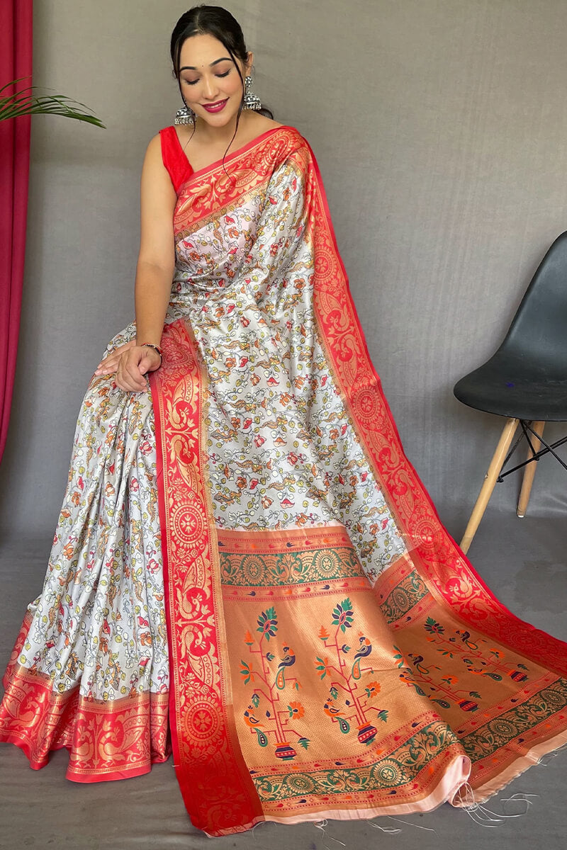 Floral White Kalamkari Printed Silk Saree