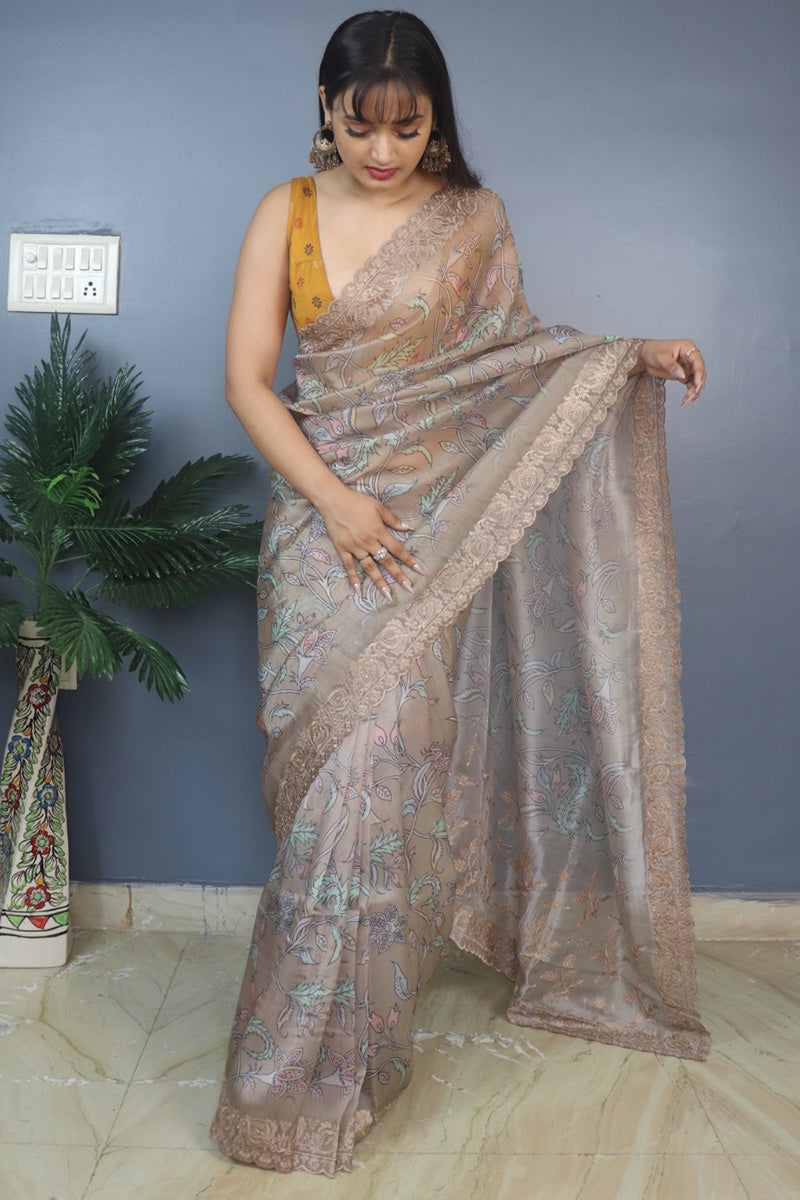 French Beige Kalamkari Printed Organza Silk Saree