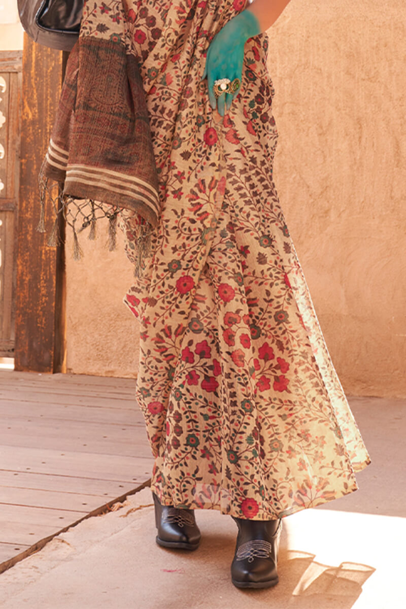 French Beige Printed Tissue Silk Saree