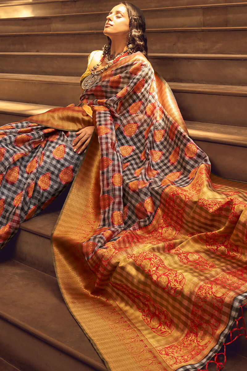 Grey and Red Banarasi Organza Silk Saree