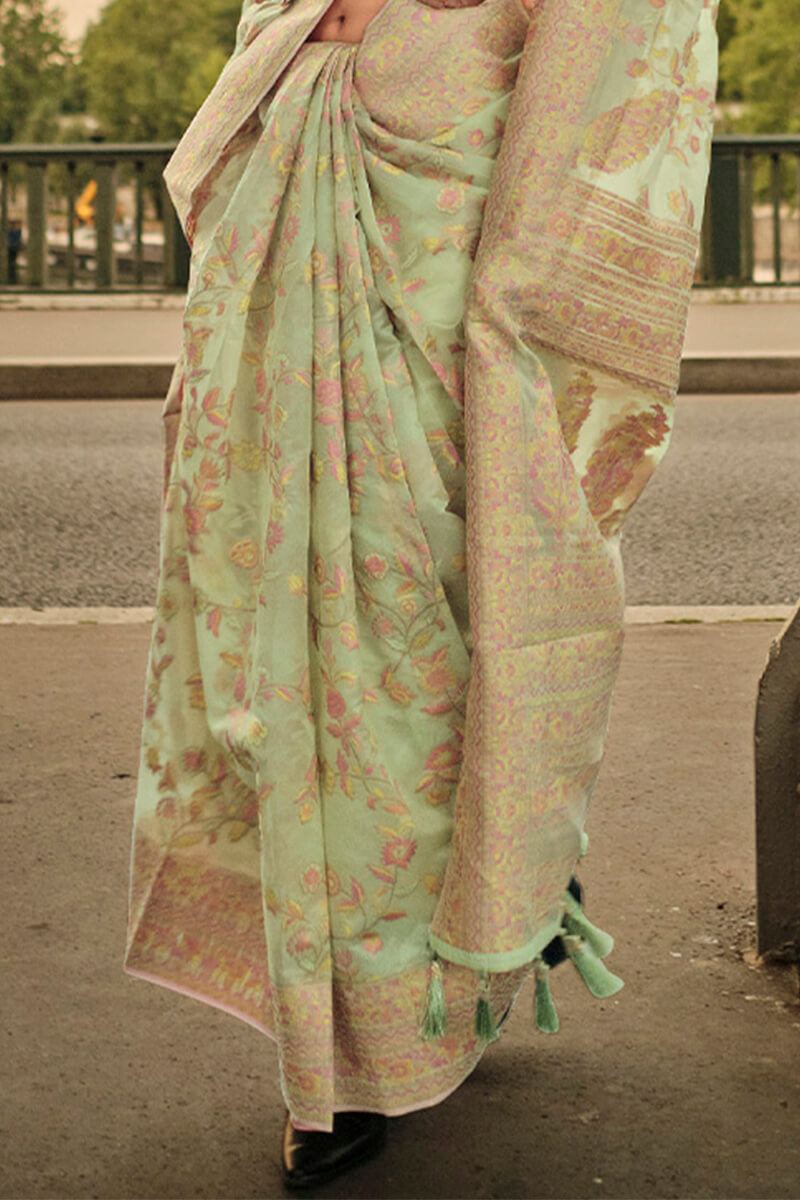 Iguana Green Kashmiri Modal Organza Silk Saree