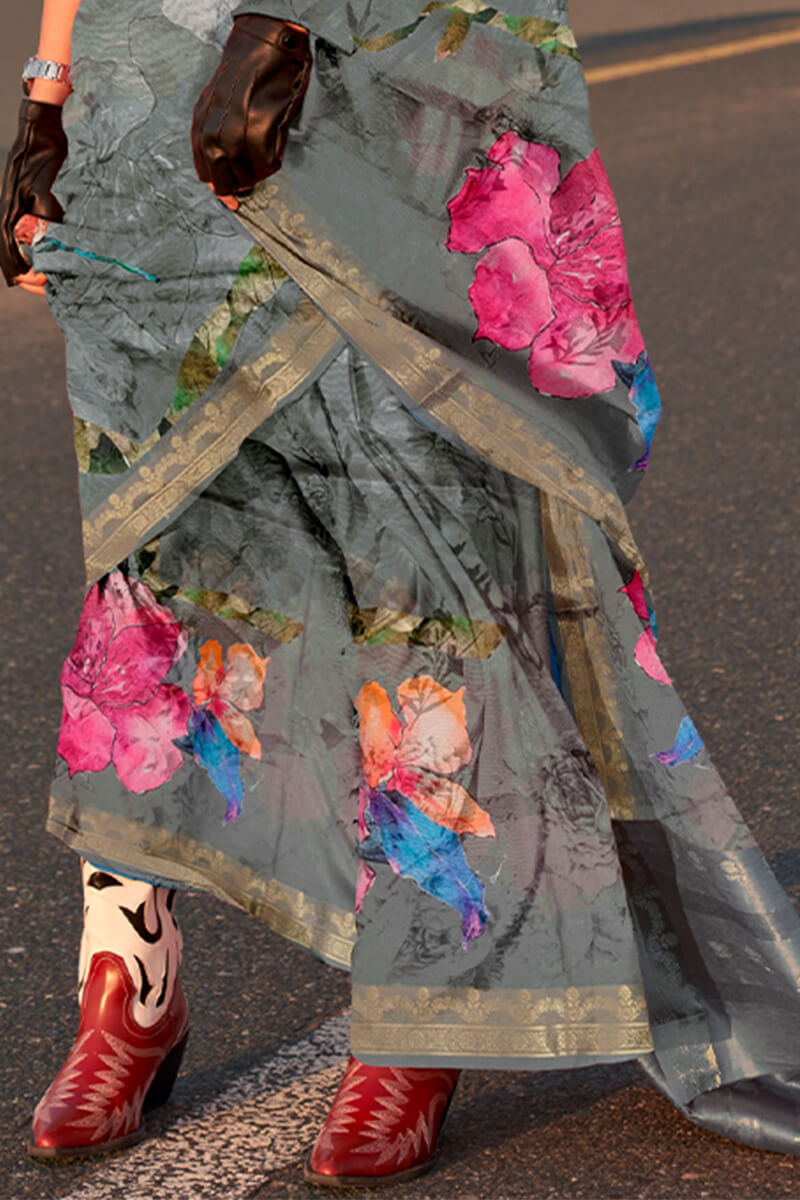 Ironside Grey Printed Tussar Silk Saree