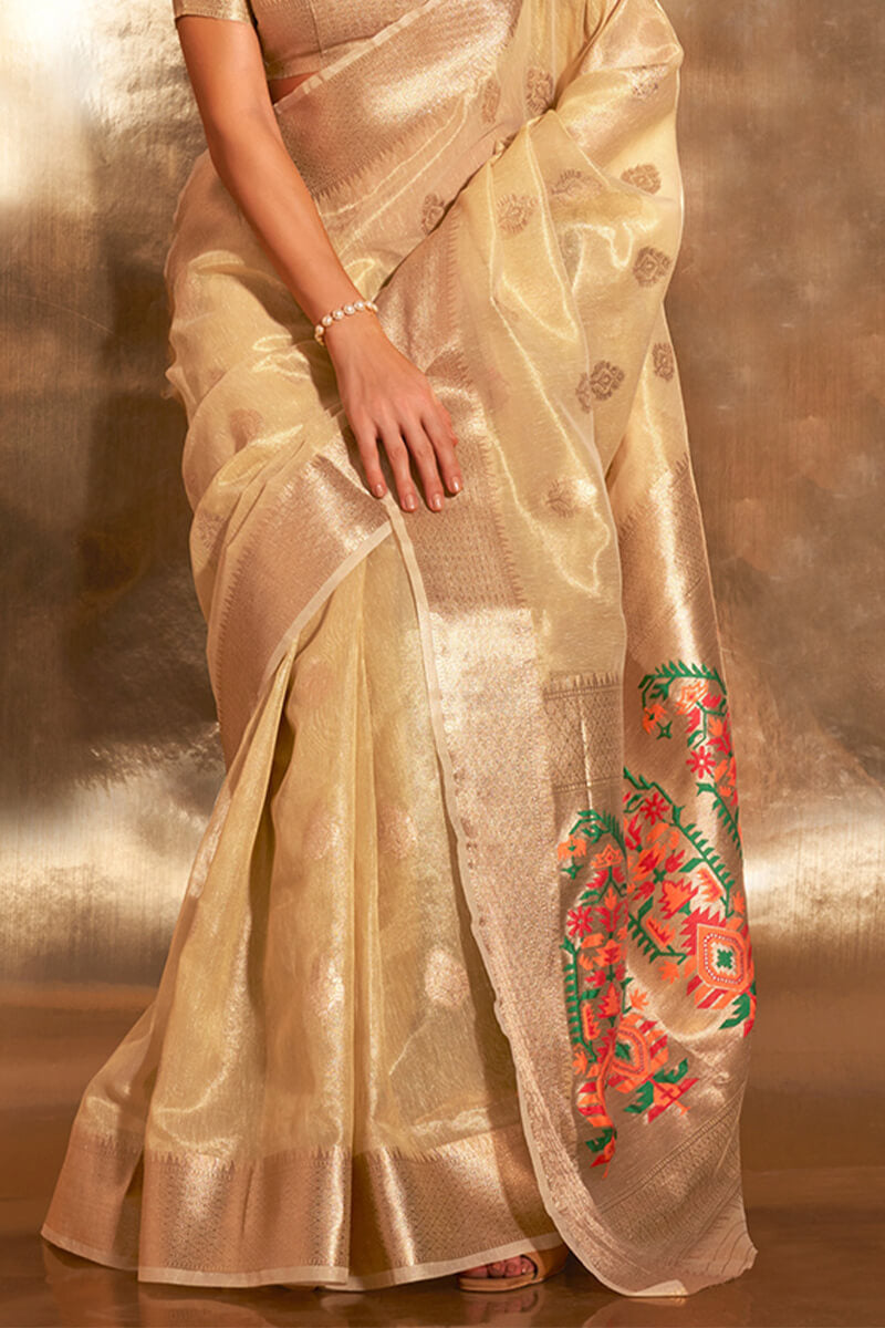 Light Yellow Paithani Tissue Silk Saree