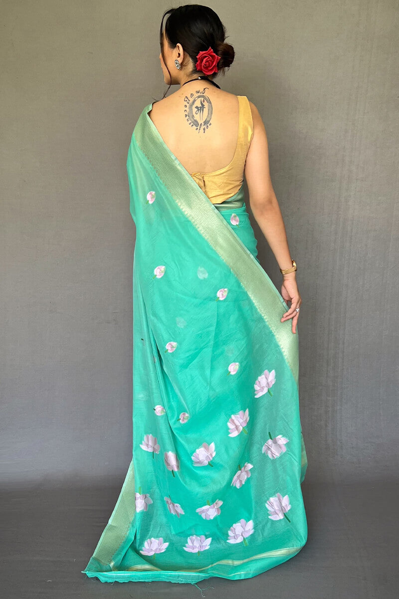 Medium Turquoise Printed Linen Saree