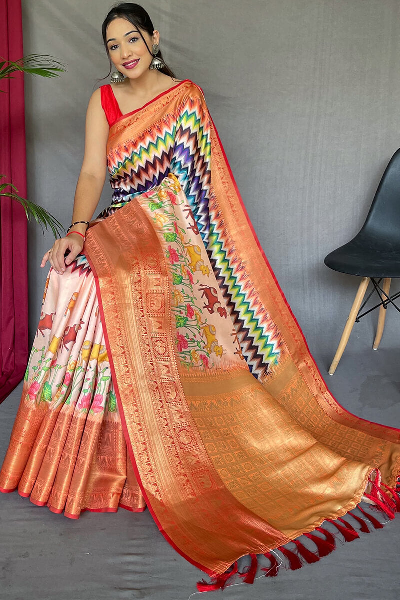 Oyster Pink Kalamkari Printed Soft Silk Saree