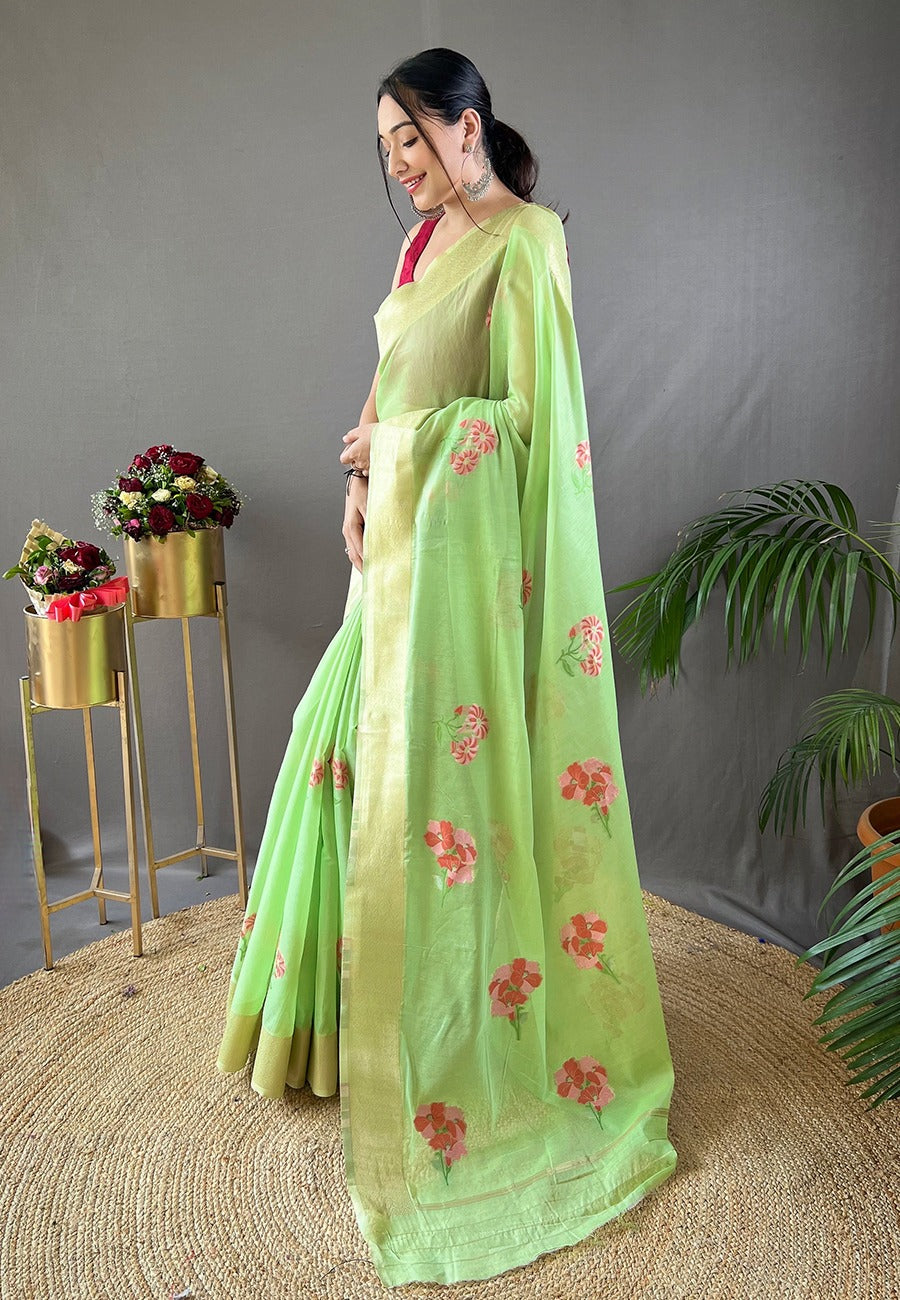 Pale Green Embroidered Work Cotton Saree
