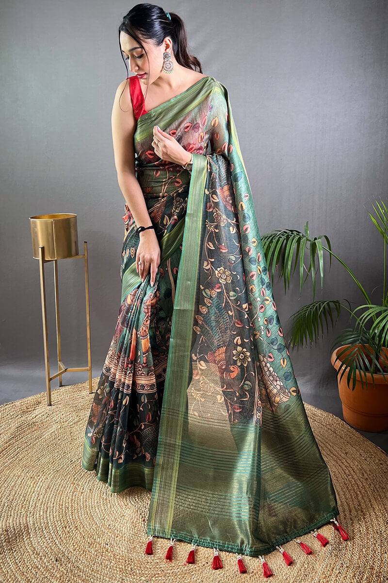 Rifle Green Kalamkari Printed Soft Silk Saree