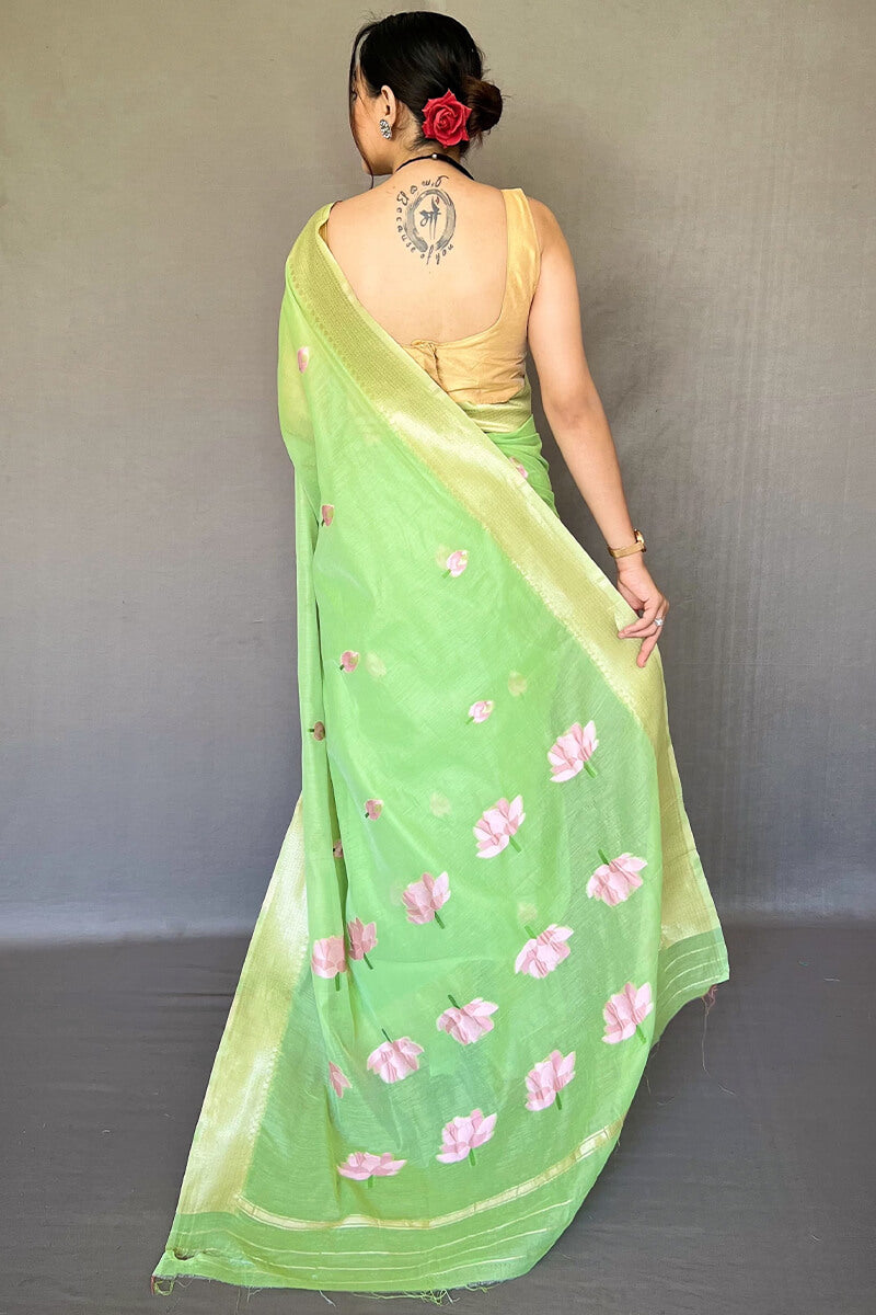 Slime Green Printed Linen Saree